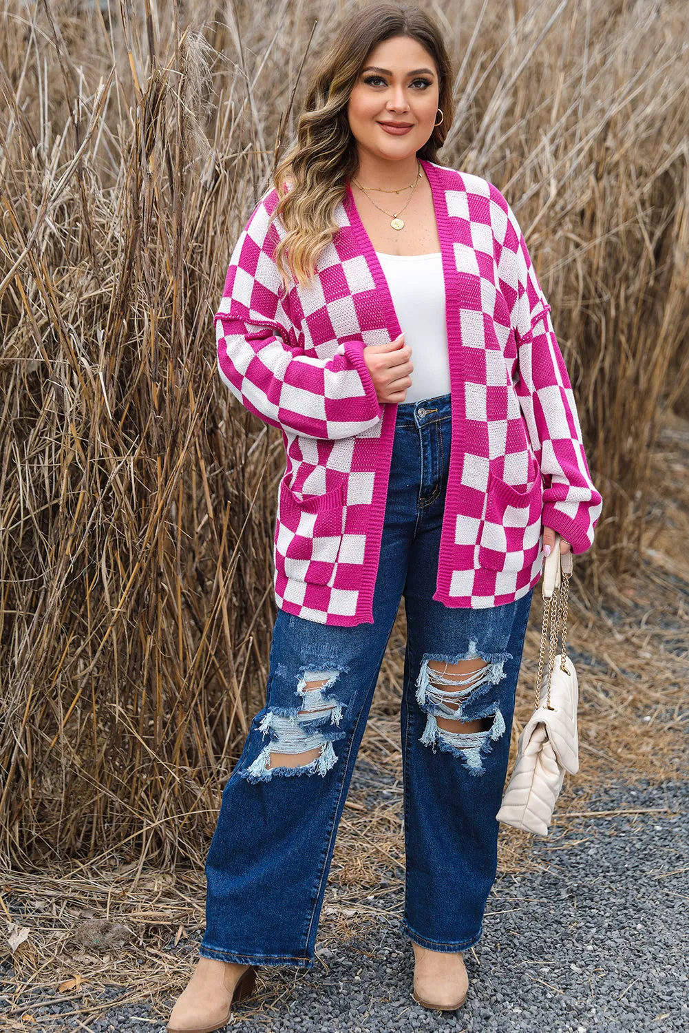 Checkered Pattern Plus Size Cardigan
