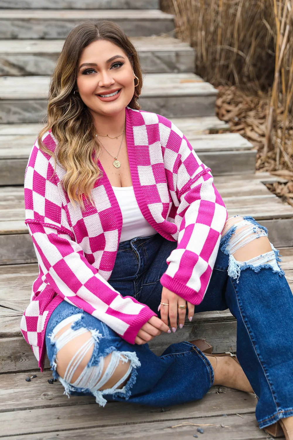 Checkered Pattern Plus Size Cardigan