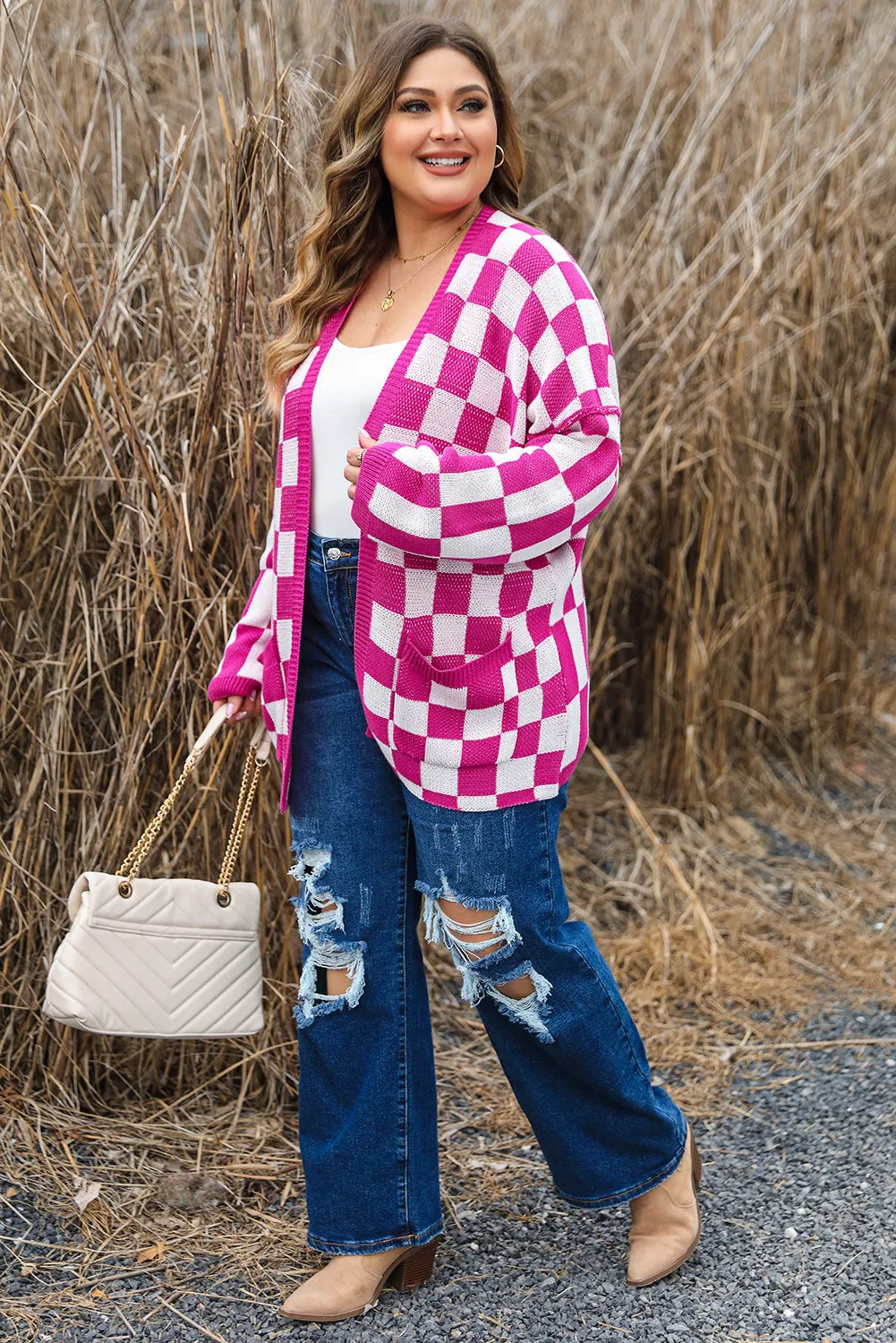Checkered Pattern Plus Size Cardigan