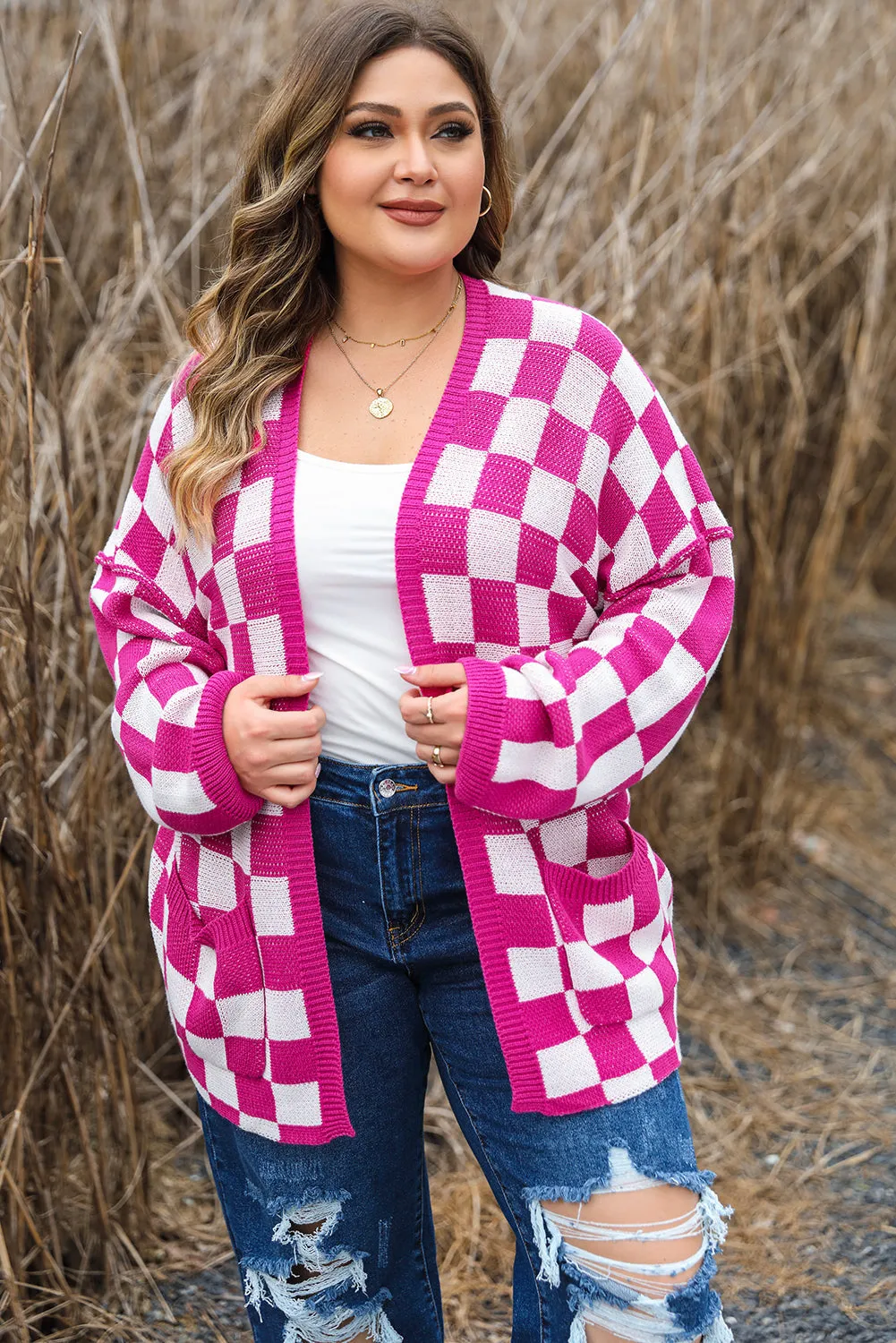 Checkered Pattern Plus Size Cardigan