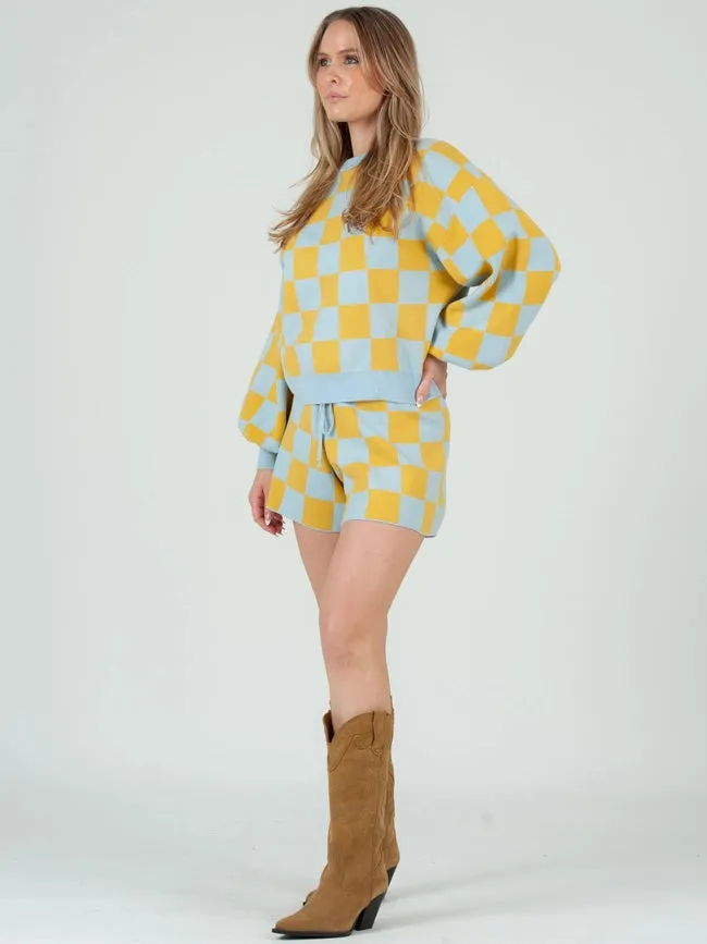 Checkered Sweater Top & Shorts Set-Chart. Sage