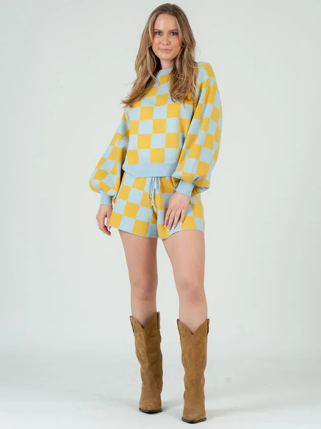 Checkered Sweater Top & Shorts Set-Chart. Sage