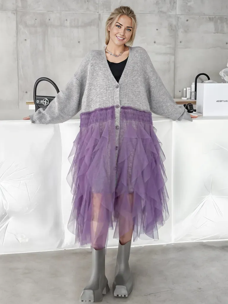 Chunky Oversized Gray Cardigan with Chic Purple Tulle Overlay – Gothic-Inspired Design