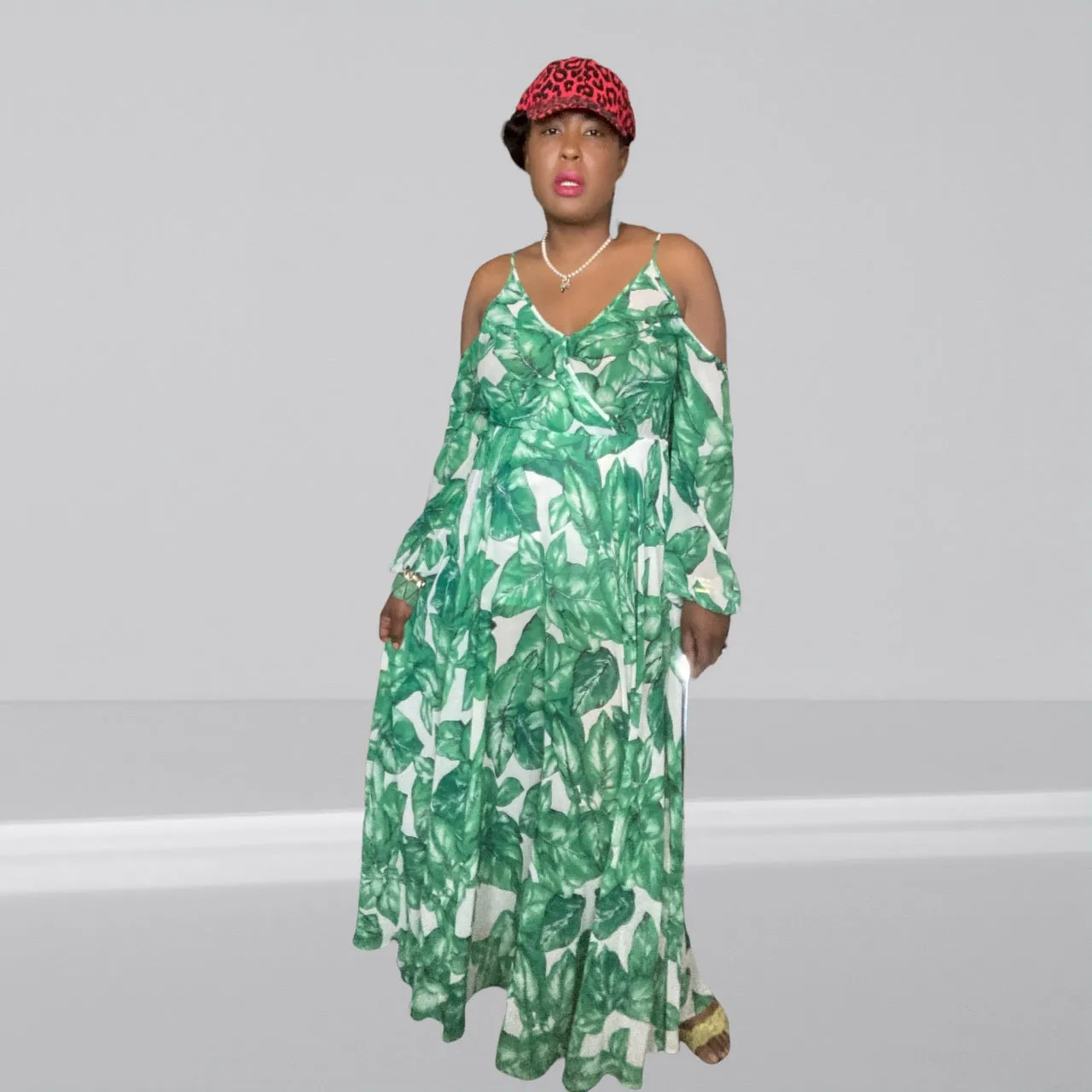 Cindi Bindi Leaf Print Cold Shoulder Maxi Dress size L