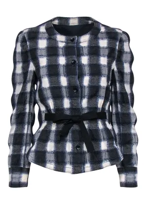 Club Monaco - Blue, Grey & White Plaid Jacket w/ Waist Tie Sz S