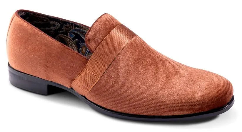 Cognac Velvet Men's Shoe Slip-on with a satin ribbon Loafer