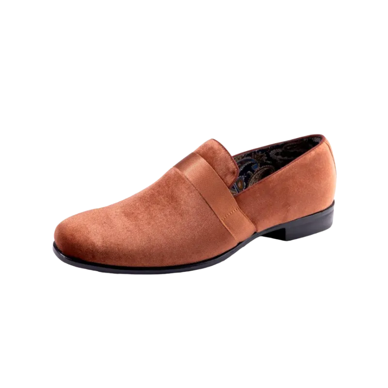 Cognac Velvet Men's Shoe Slip-on with a satin ribbon Loafer