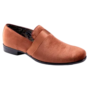 Cognac Velvet Men's Shoe Slip-on with a satin ribbon Loafer