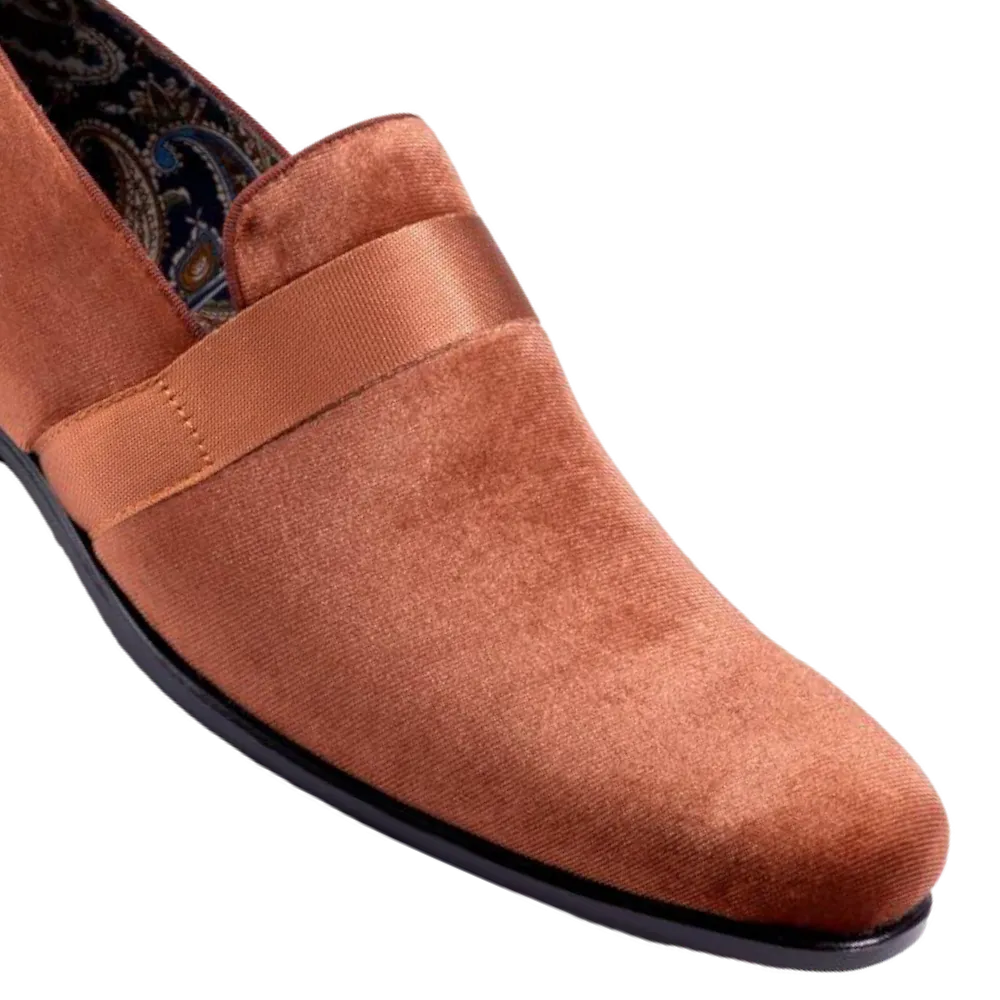Cognac Velvet Men's Shoe Slip-on with a satin ribbon Loafer