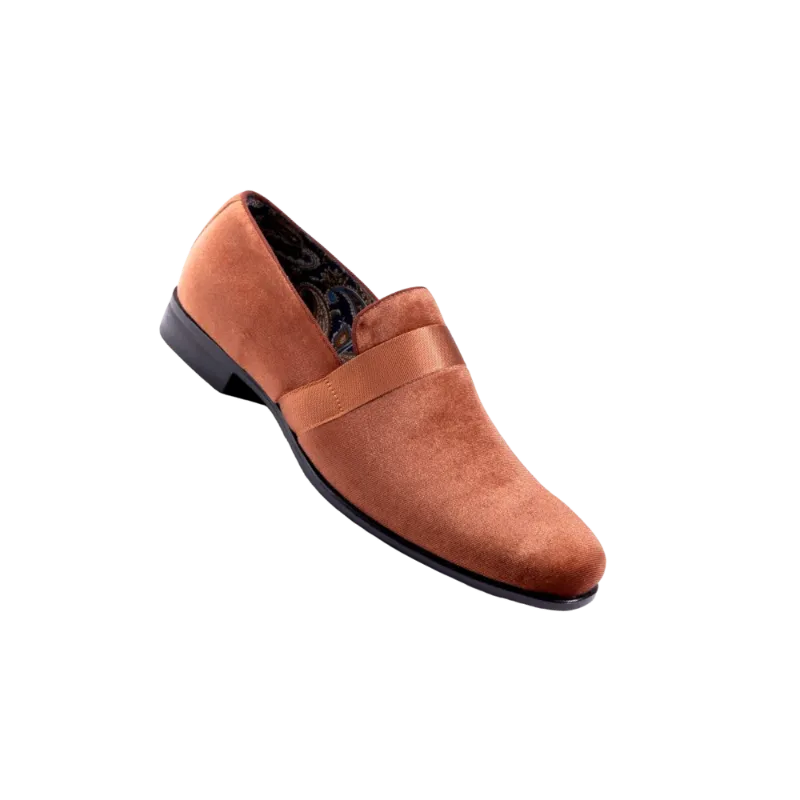 Cognac Velvet Men's Shoe Slip-on with a satin ribbon Loafer