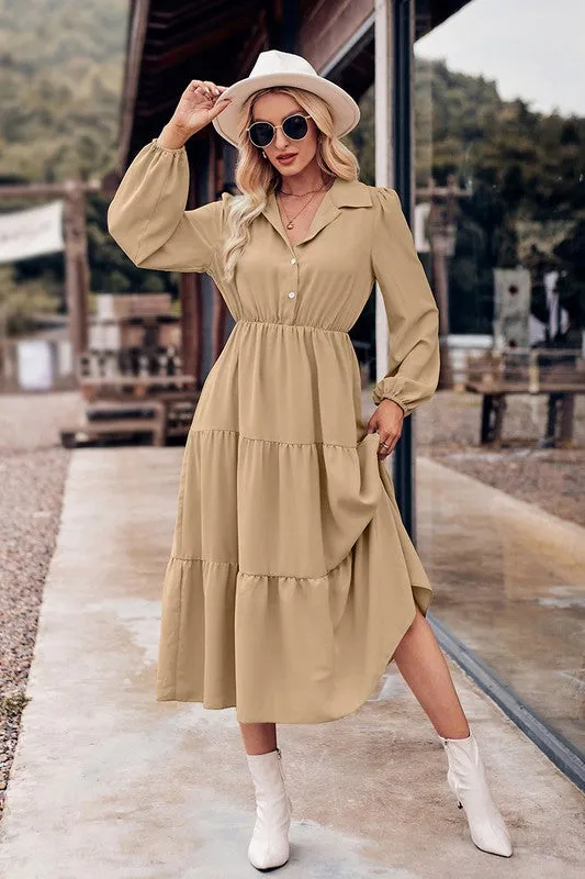 Collared Button Front Tiered Midi Dress