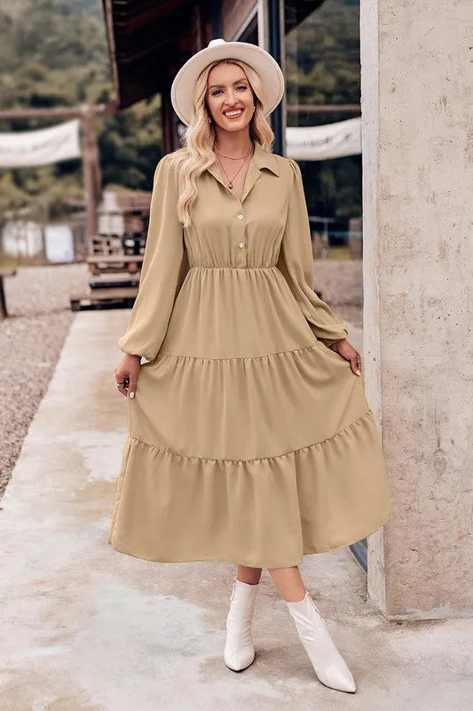 Collared Button Front Tiered Midi Dress