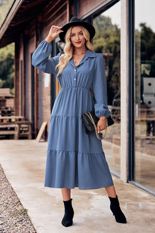 Collared Button Front Tiered Midi Dress