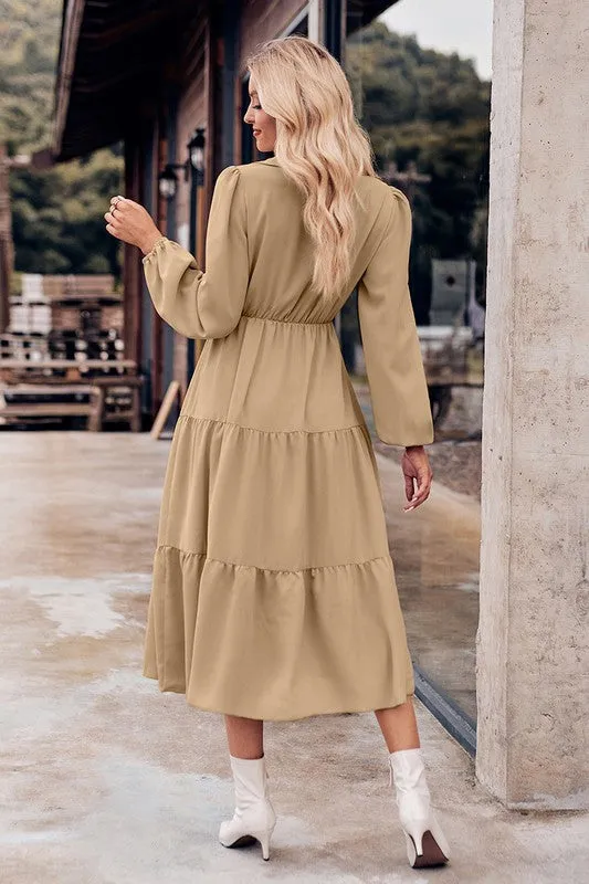Collared Button Front Tiered Midi Dress