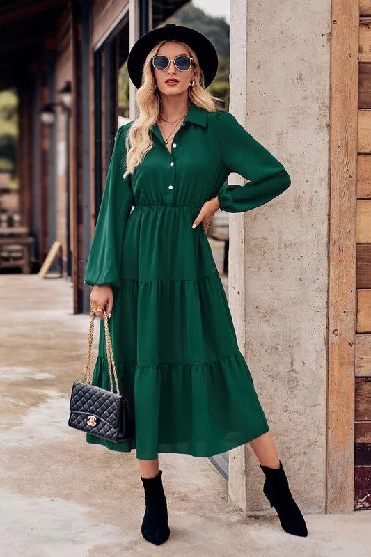 Collared Button Front Tiered Midi Dress