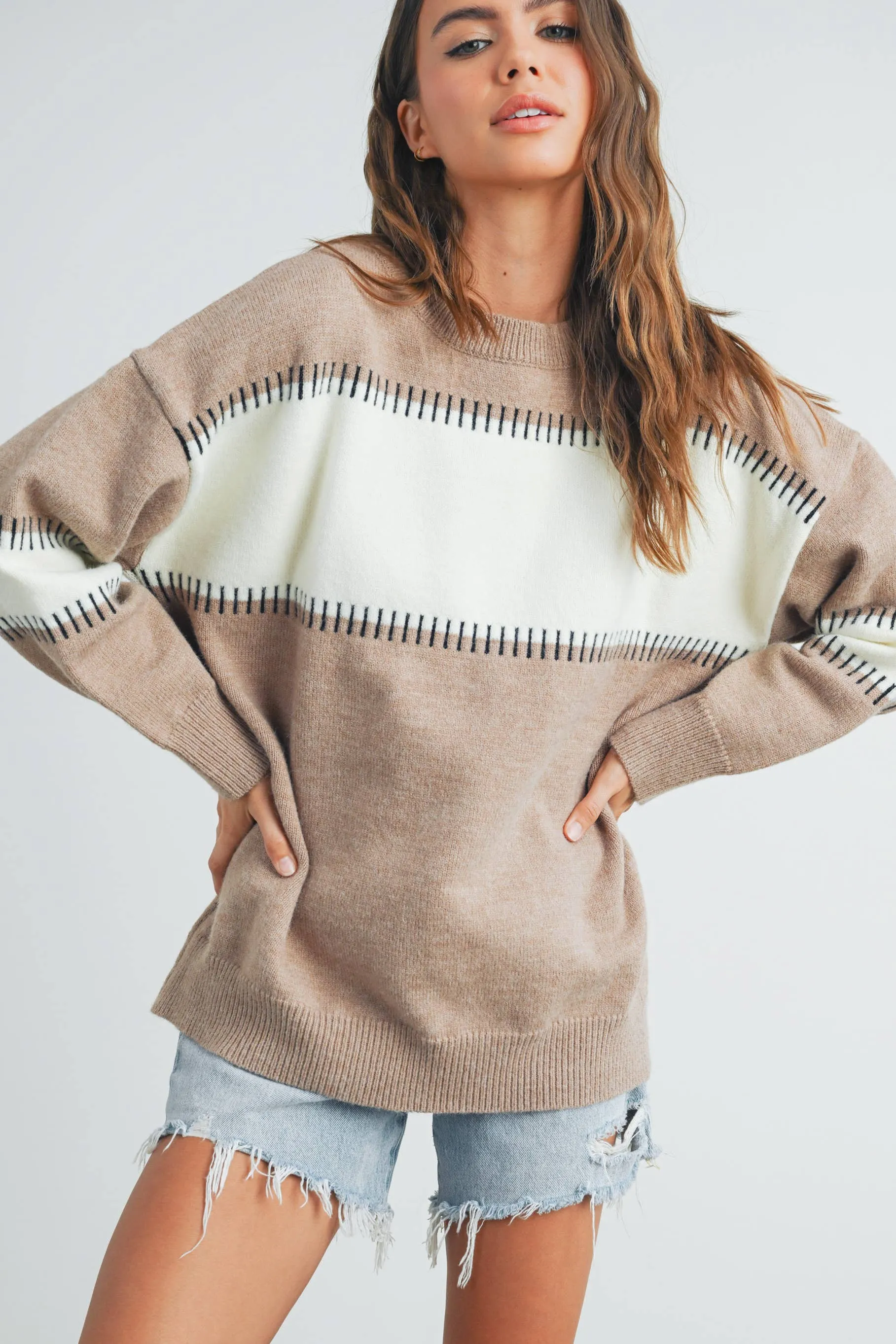 COLOR BLOCK STRIPED CREW NECK SWEATER