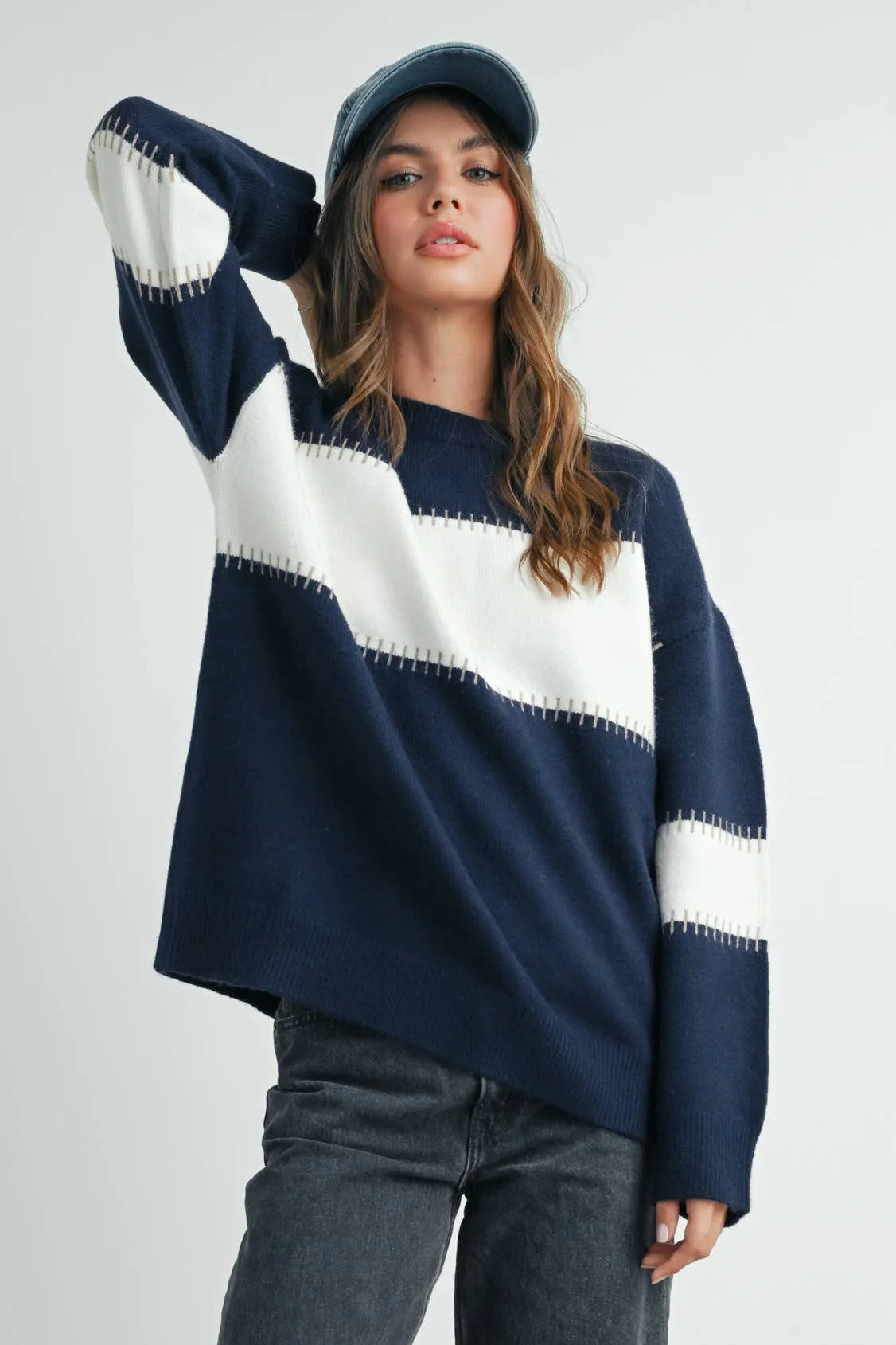 COLOR BLOCK STRIPED CREW NECK SWEATER