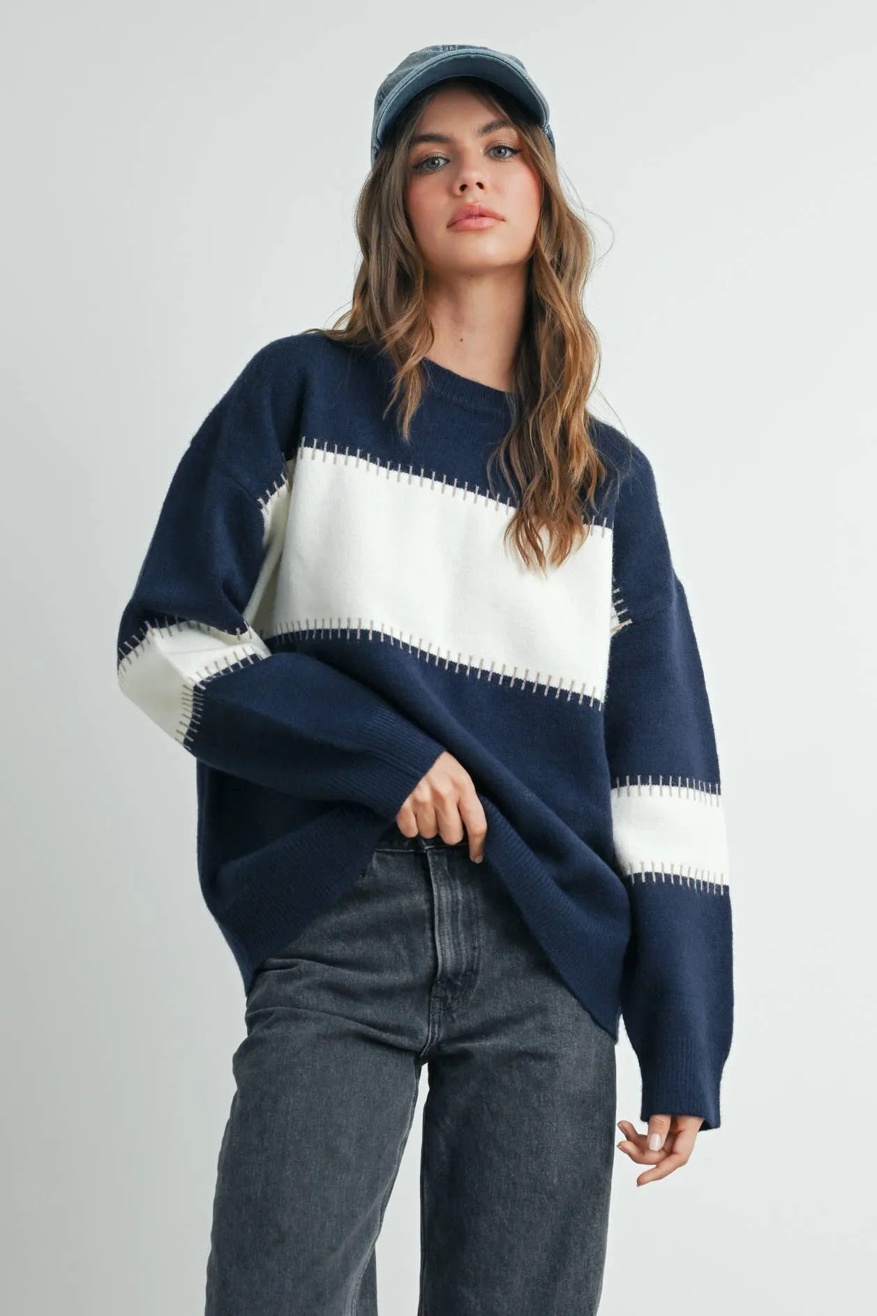 COLOR BLOCK STRIPED CREW NECK SWEATER
