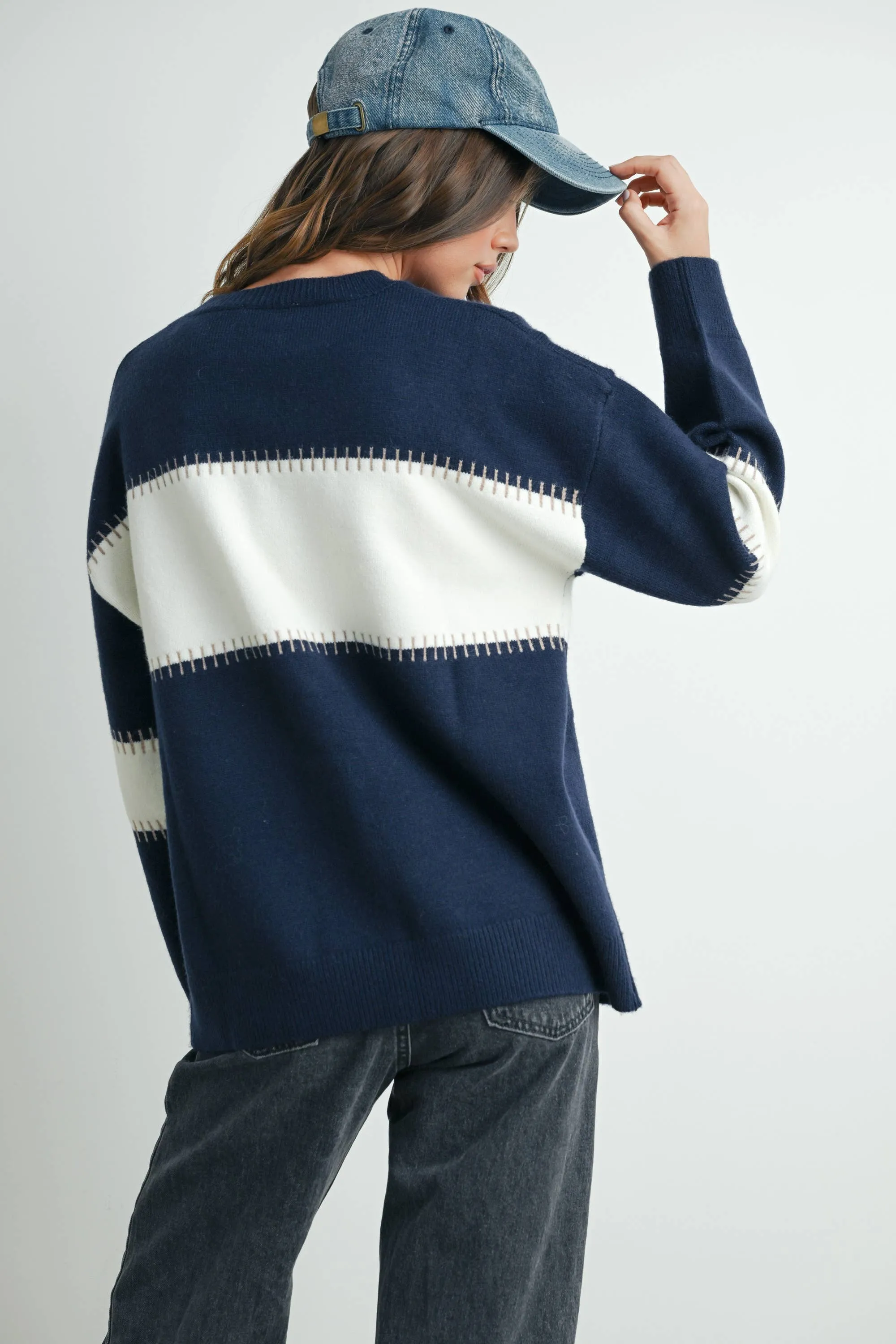 COLOR BLOCK STRIPED CREW NECK SWEATER