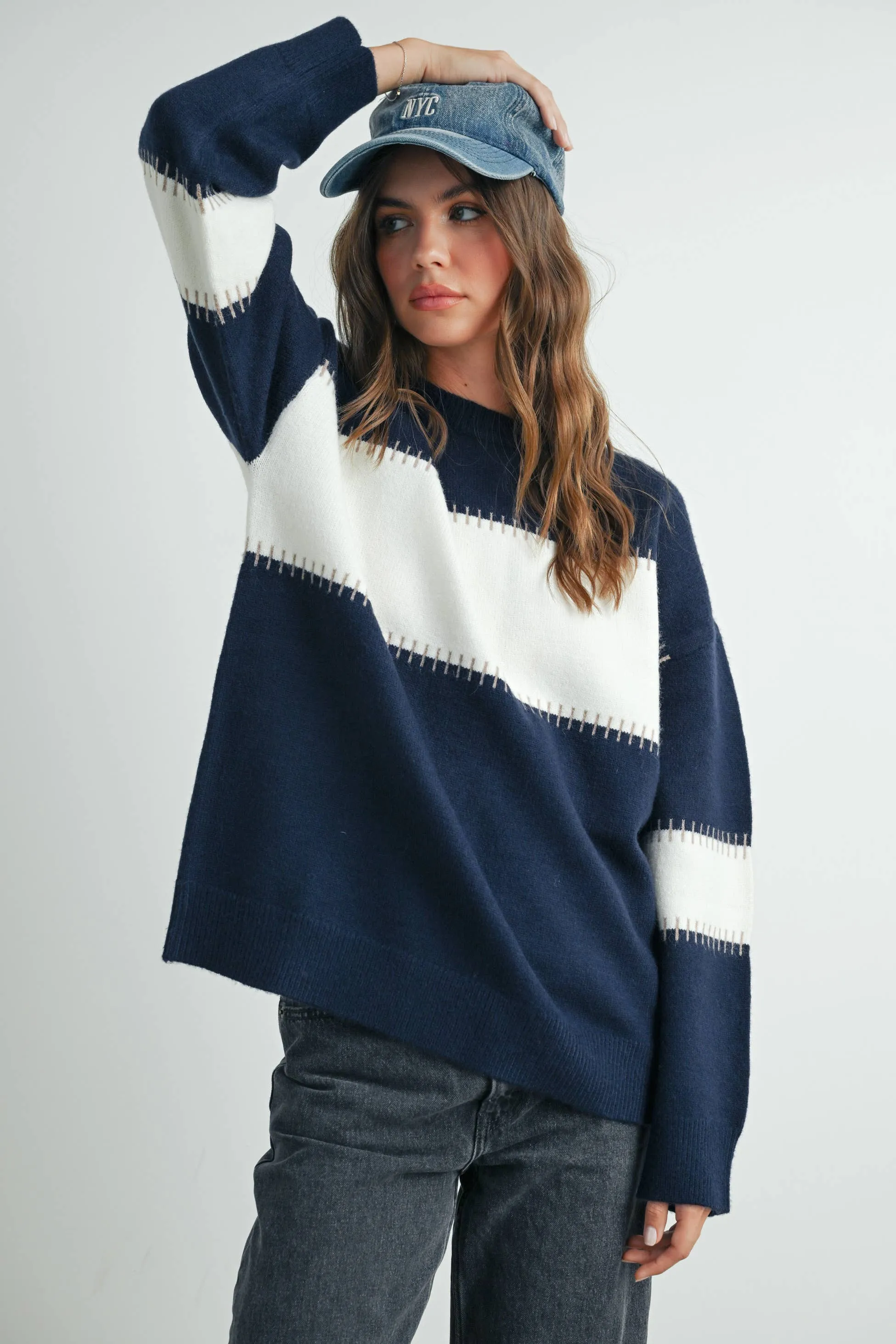 COLOR BLOCK STRIPED CREW NECK SWEATER