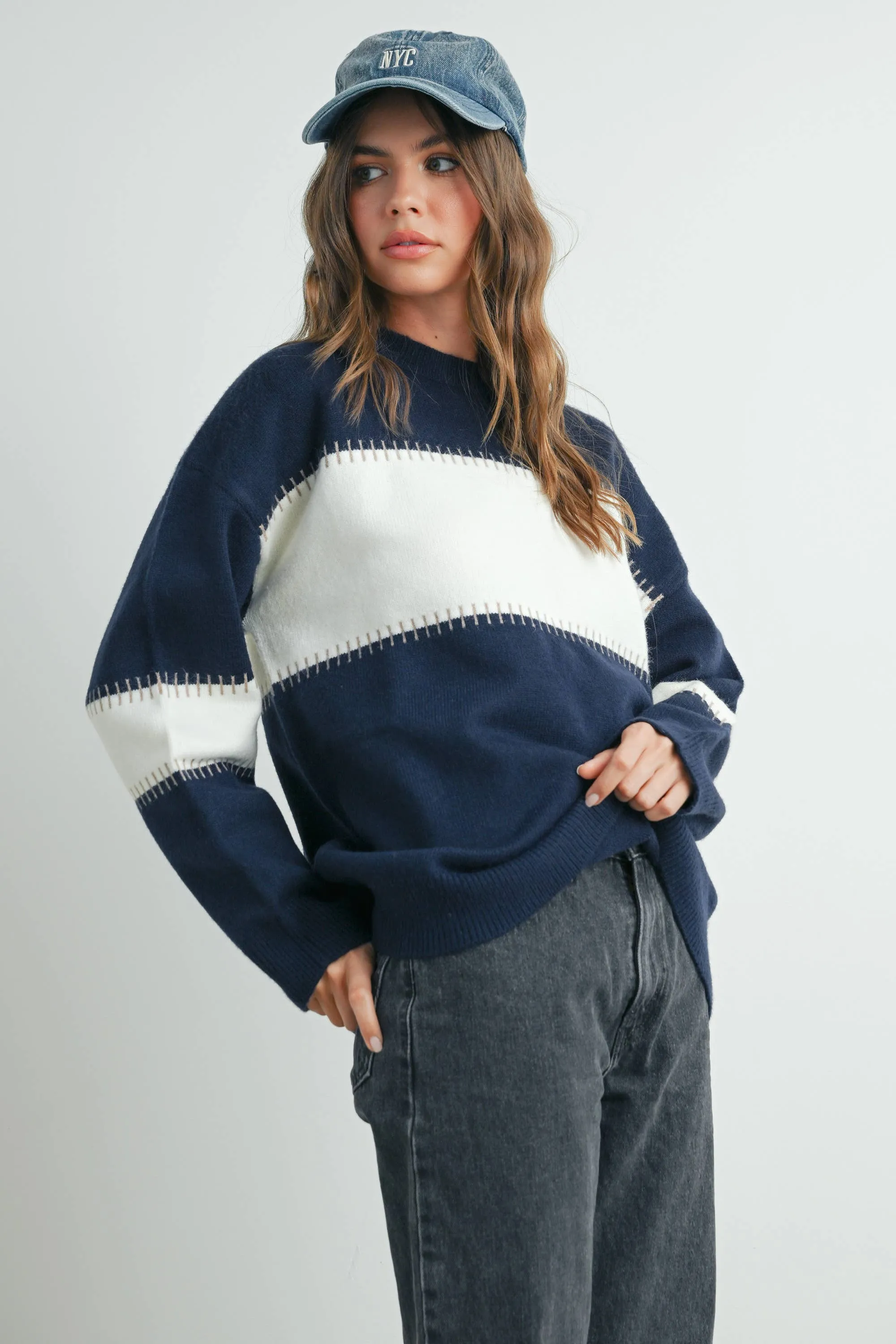 COLOR BLOCK STRIPED CREW NECK SWEATER