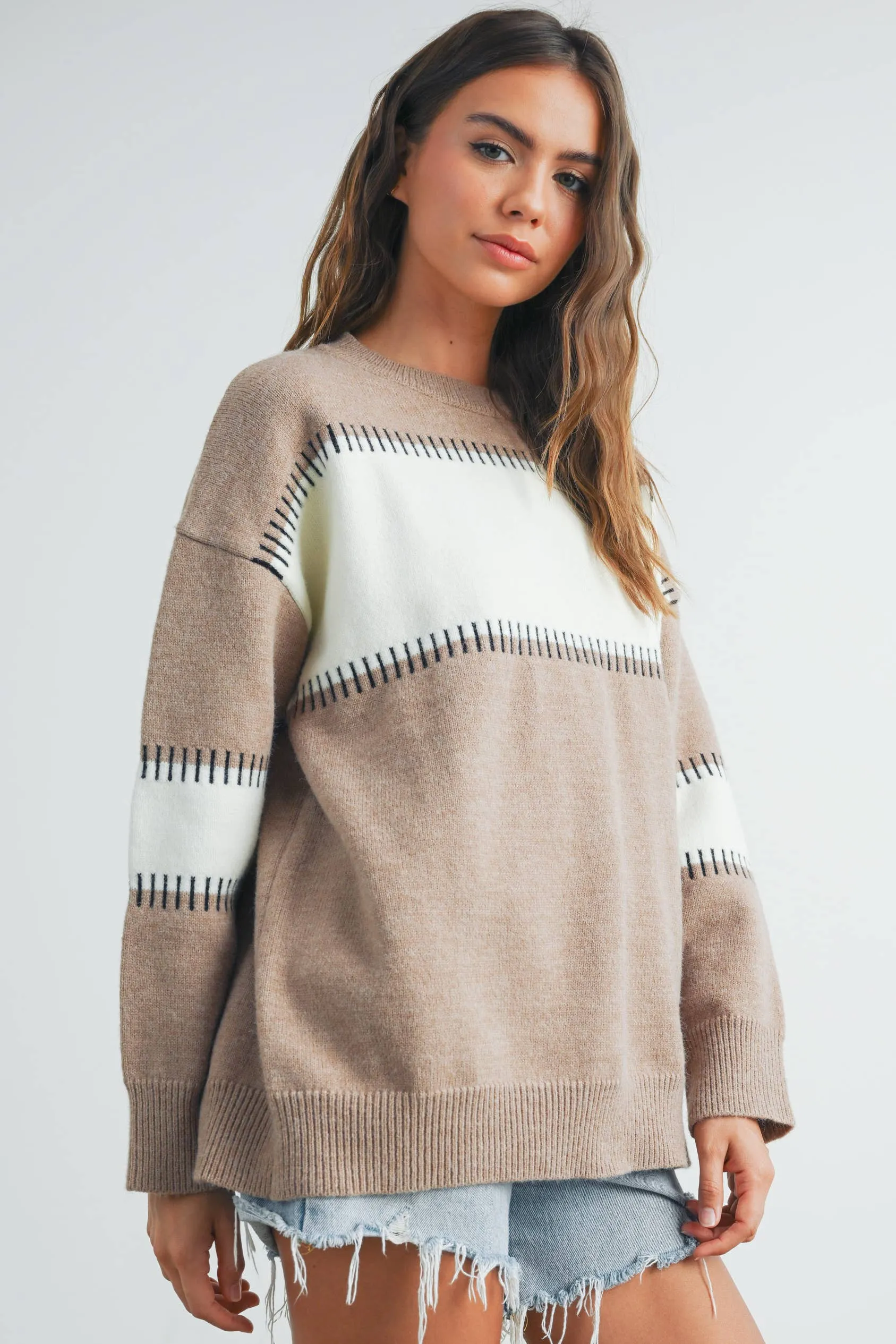 COLOR BLOCK STRIPED CREW NECK SWEATER