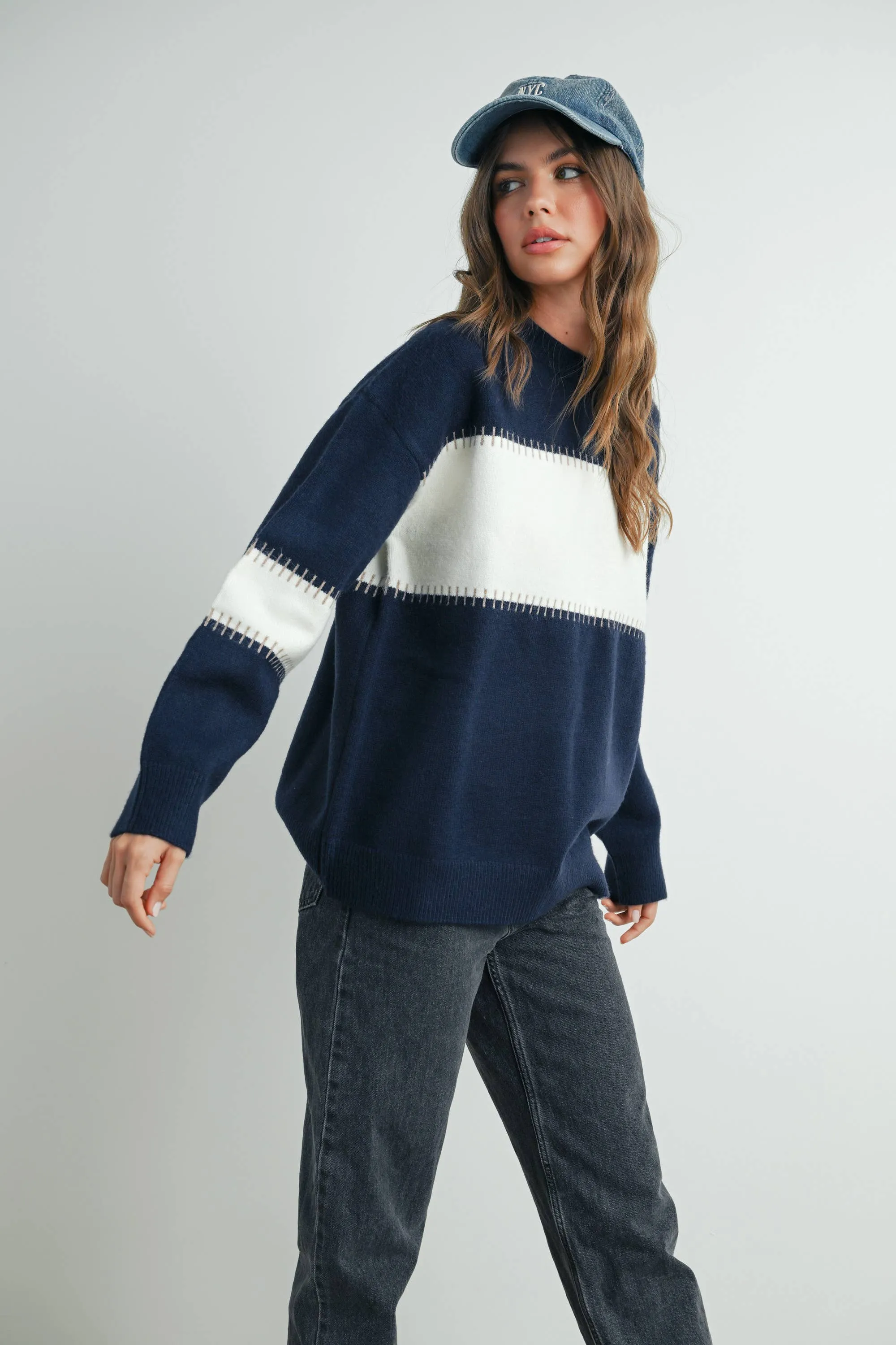 COLOR BLOCK STRIPED CREW NECK SWEATER
