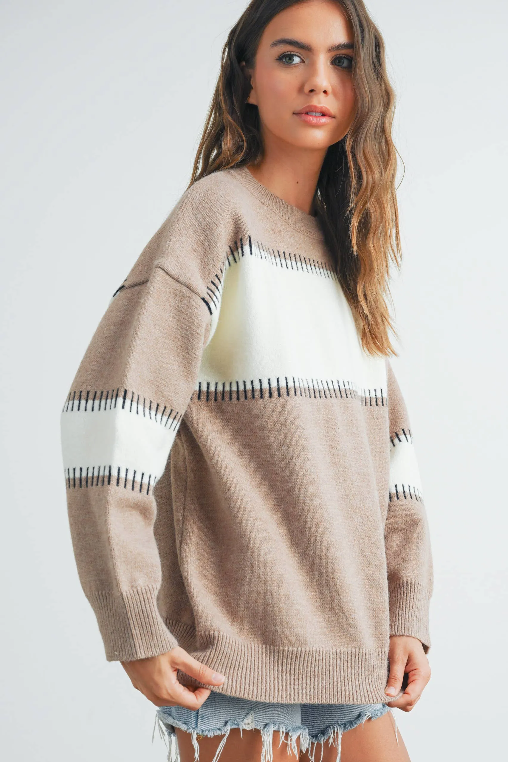COLOR BLOCK STRIPED CREW NECK SWEATER