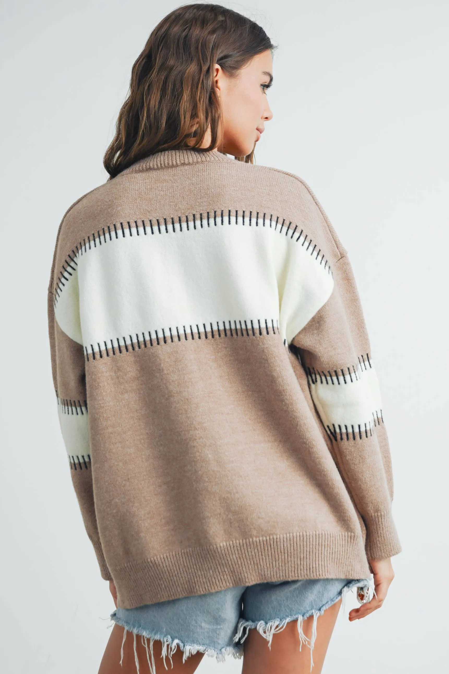 COLOR BLOCK STRIPED CREW NECK SWEATER