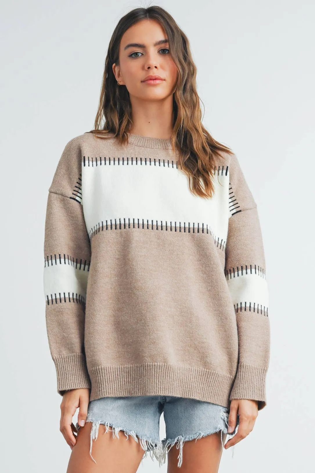 COLOR BLOCK STRIPED CREW NECK SWEATER
