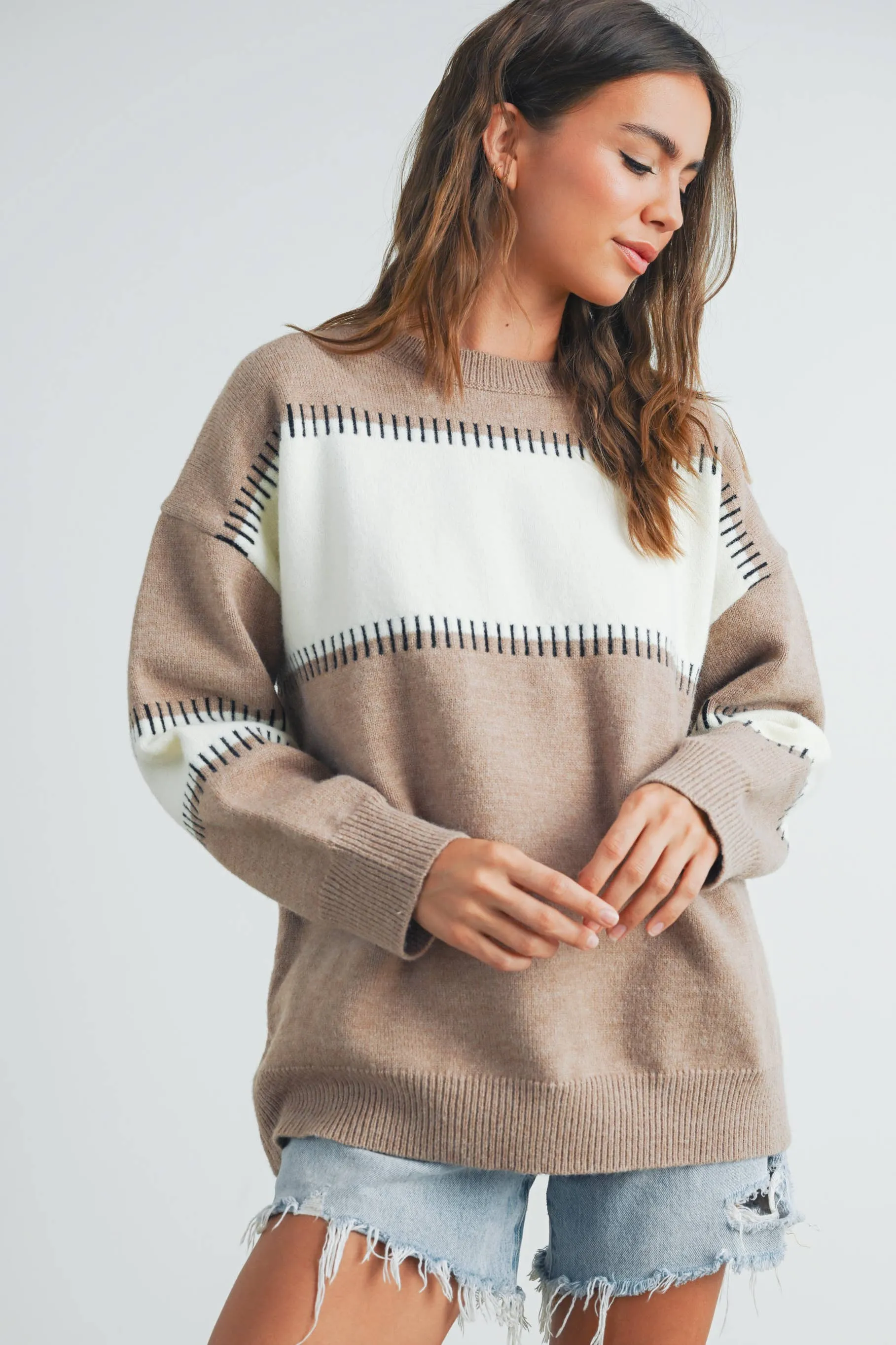 COLOR BLOCK STRIPED CREW NECK SWEATER