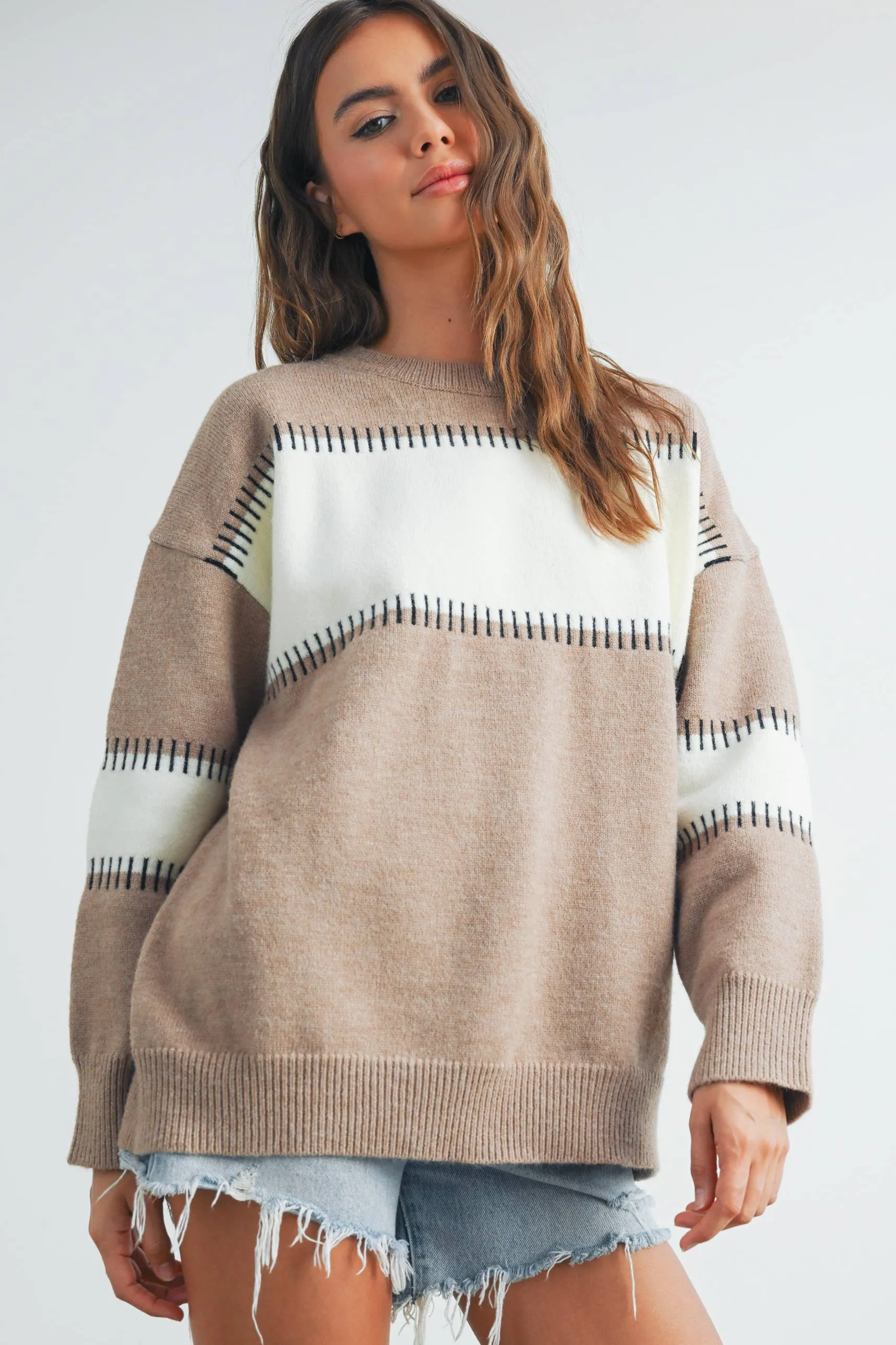 COLOR BLOCK STRIPED CREW NECK SWEATER