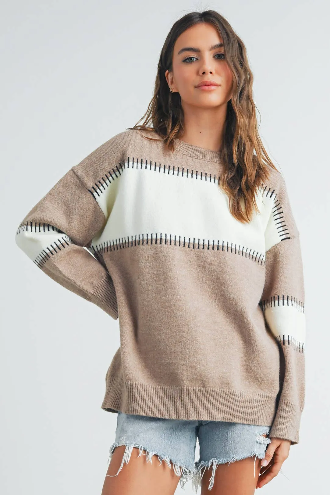 COLOR BLOCK STRIPED CREW NECK SWEATER