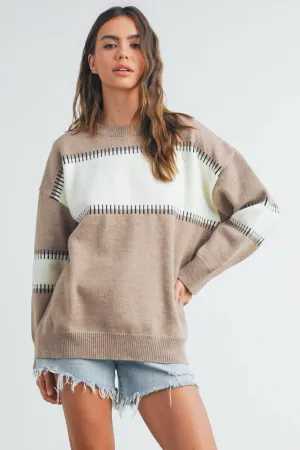 COLOR BLOCK STRIPED CREW NECK SWEATER