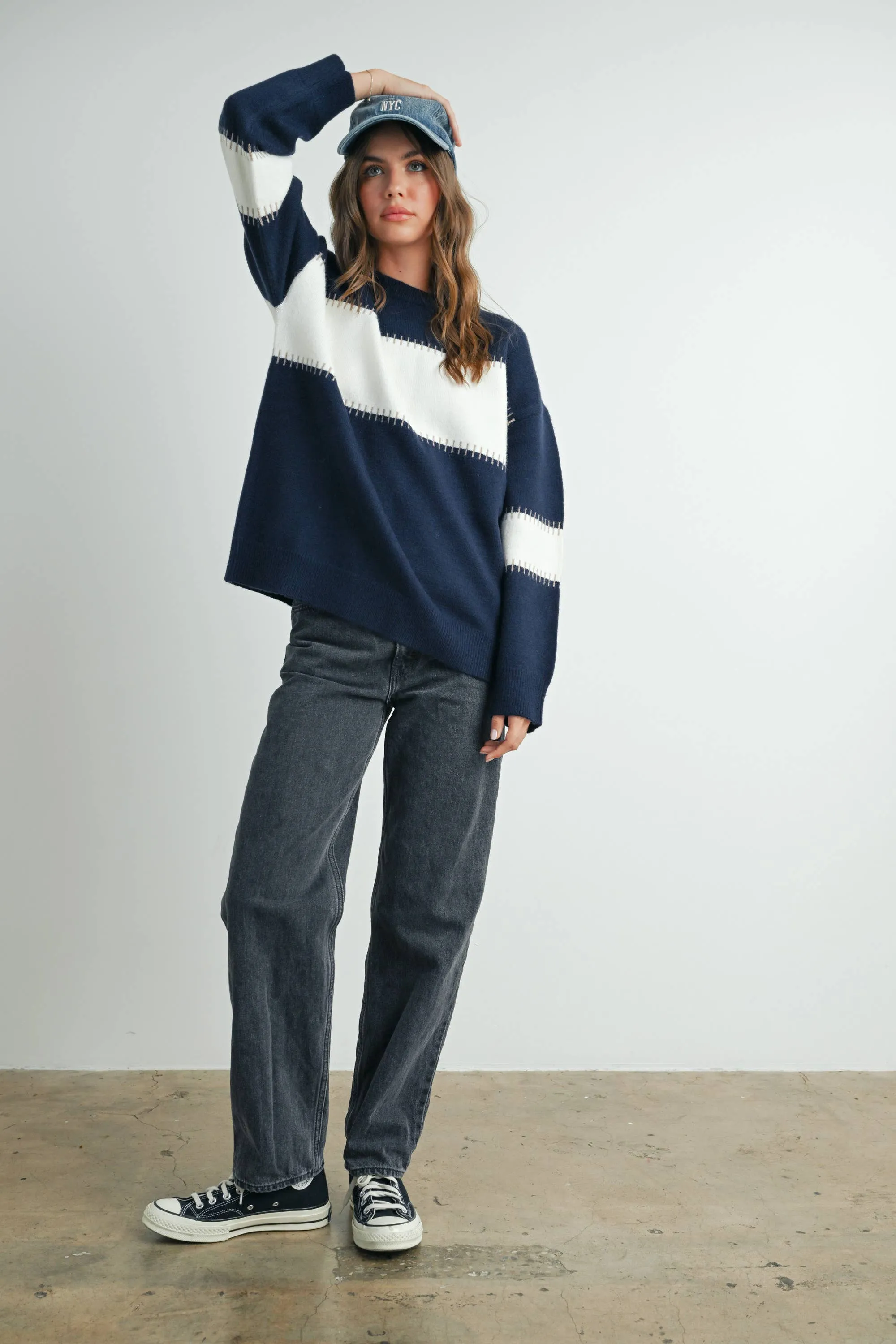 COLOR BLOCK STRIPED CREW NECK SWEATER