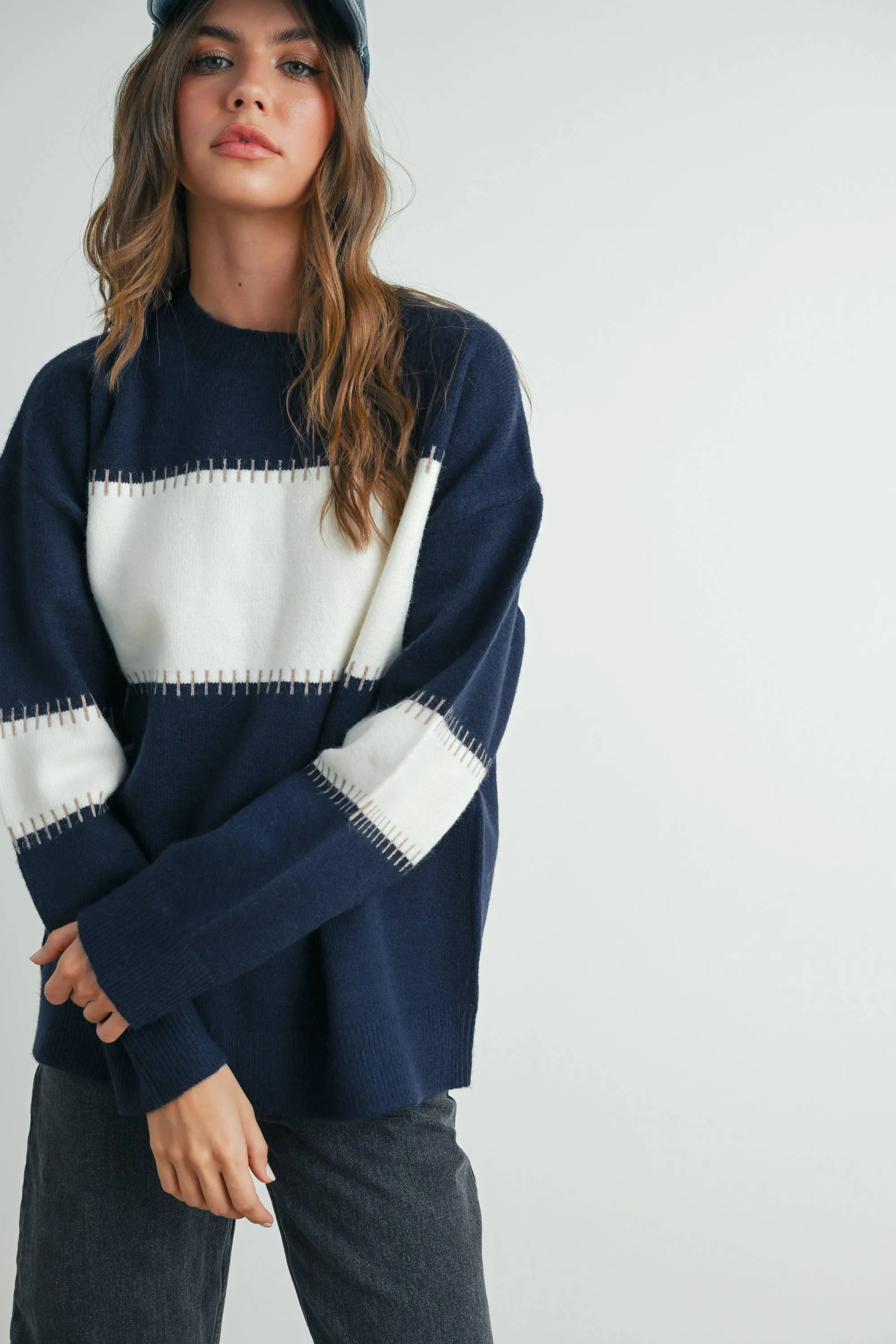 COLOR BLOCK STRIPED CREW NECK SWEATER