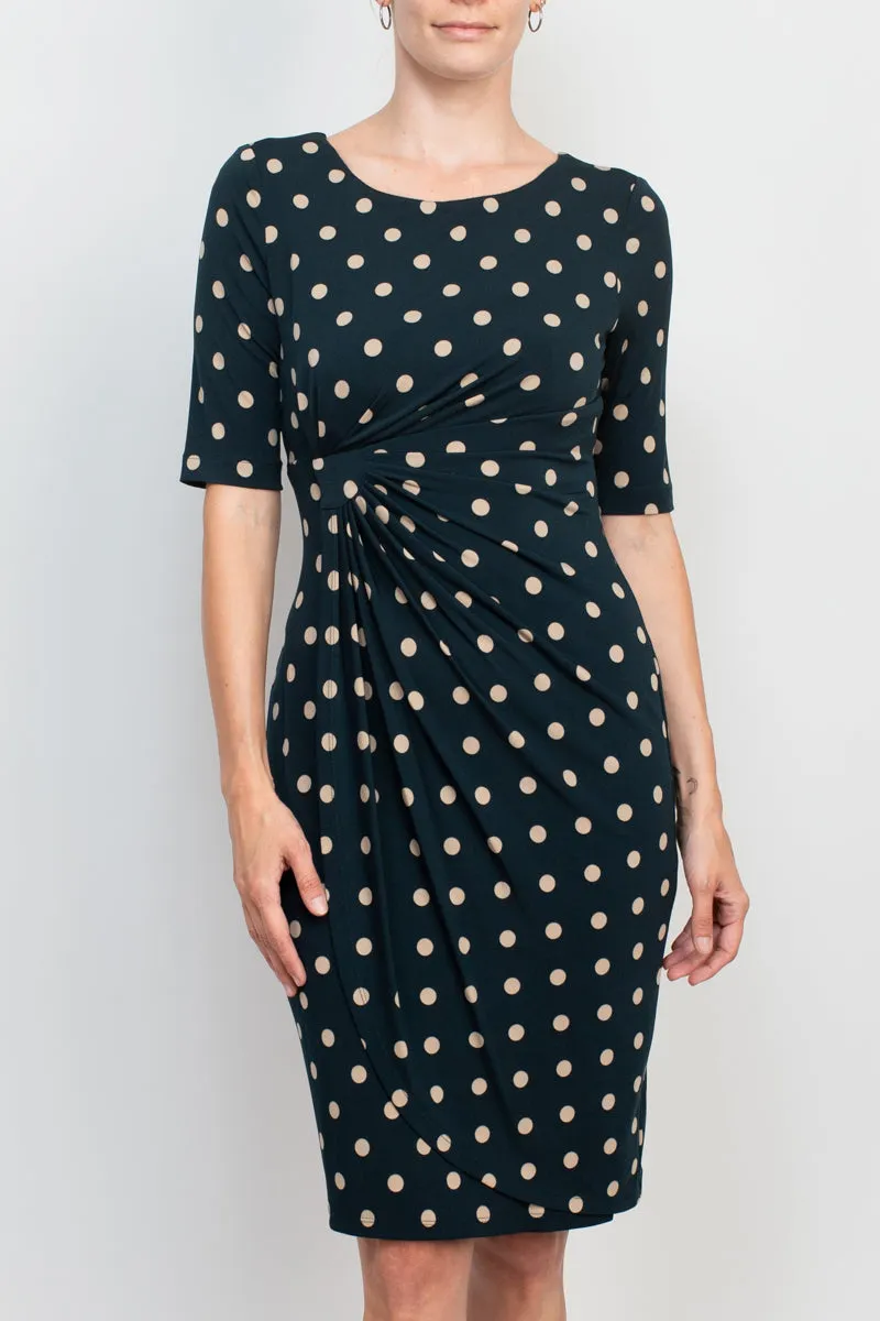 Connected Apparel boat neck elbow sleeve faux wrap detail stretch knit polka dot dress