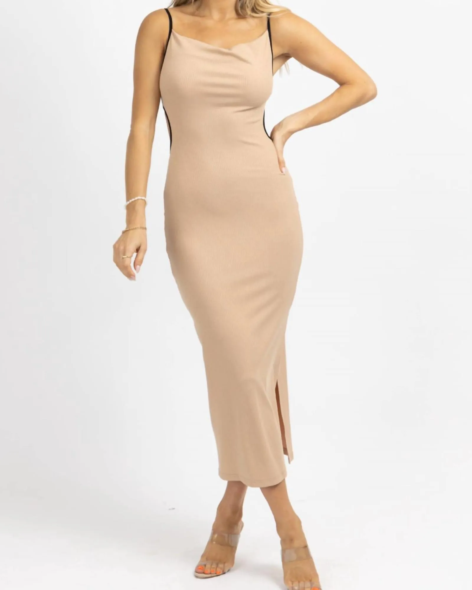 Contrast Ribbed Midi Dress In Taupe   Black | Taupe   Black