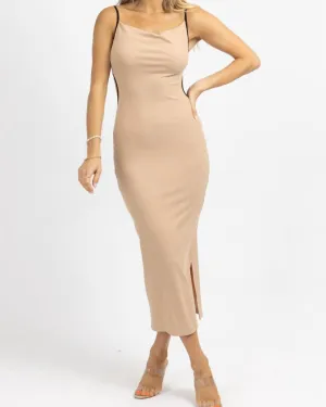 Contrast Ribbed Midi Dress In Taupe   Black | Taupe   Black