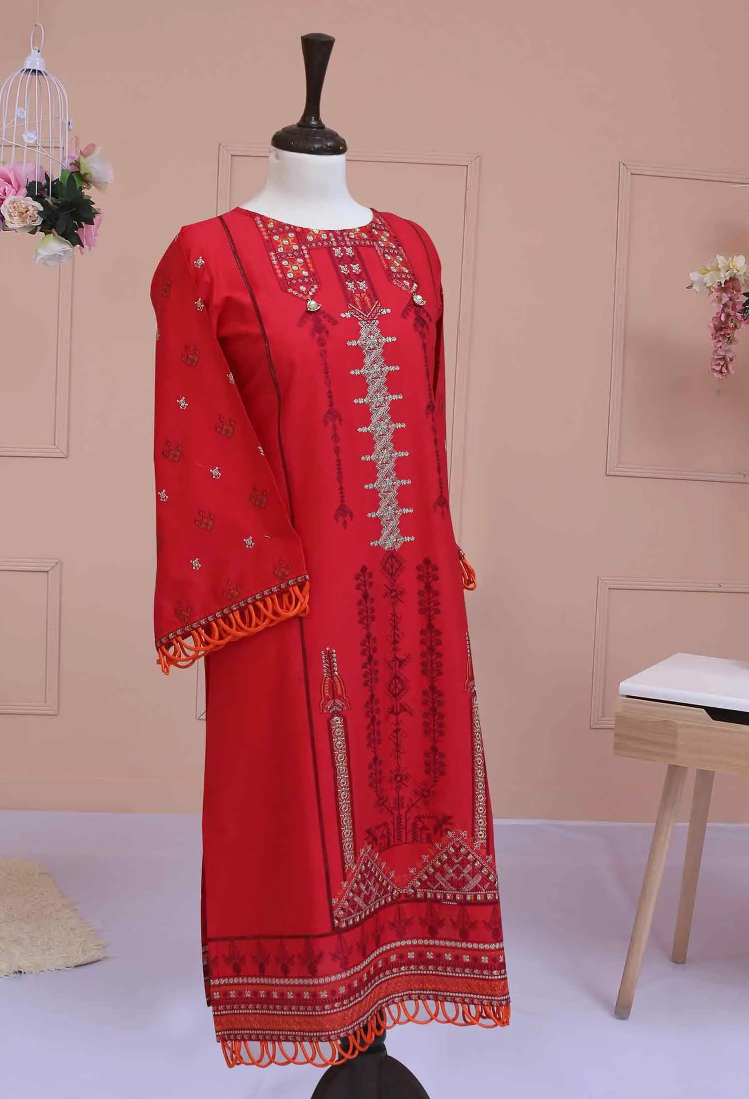 Coral Red Festive Lawn Unstitched 2Pc