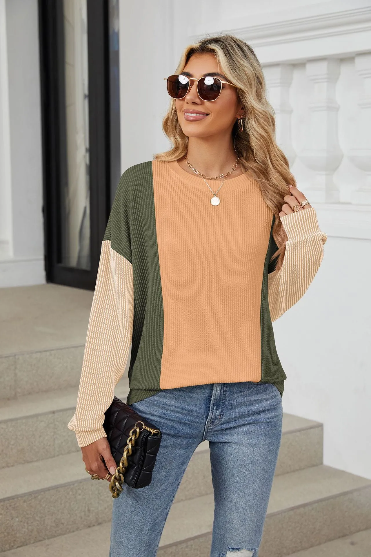Crew Neck Splicing Loose Sleeve Long Sleeve