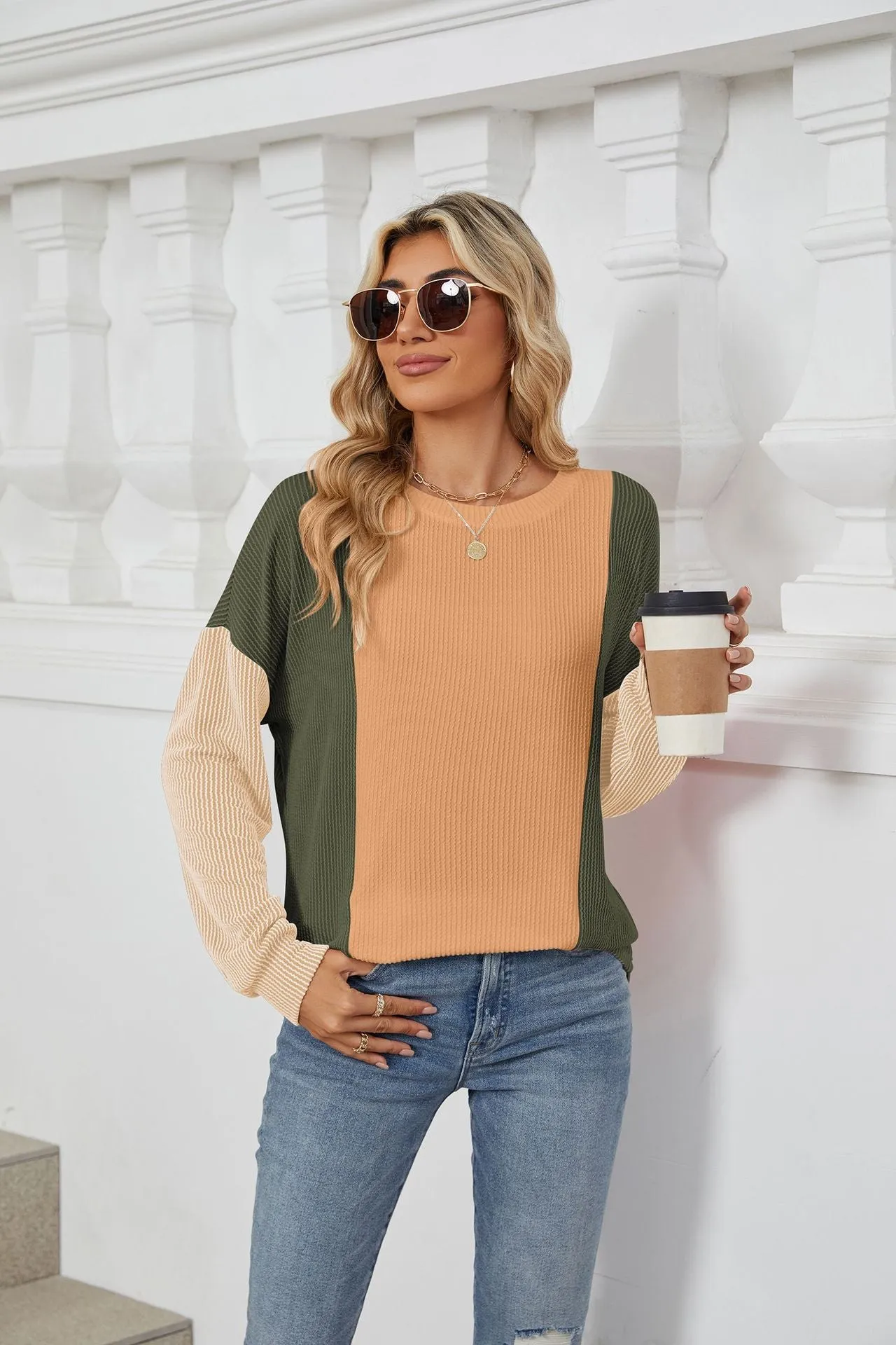 Crew Neck Splicing Loose Sleeve Long Sleeve