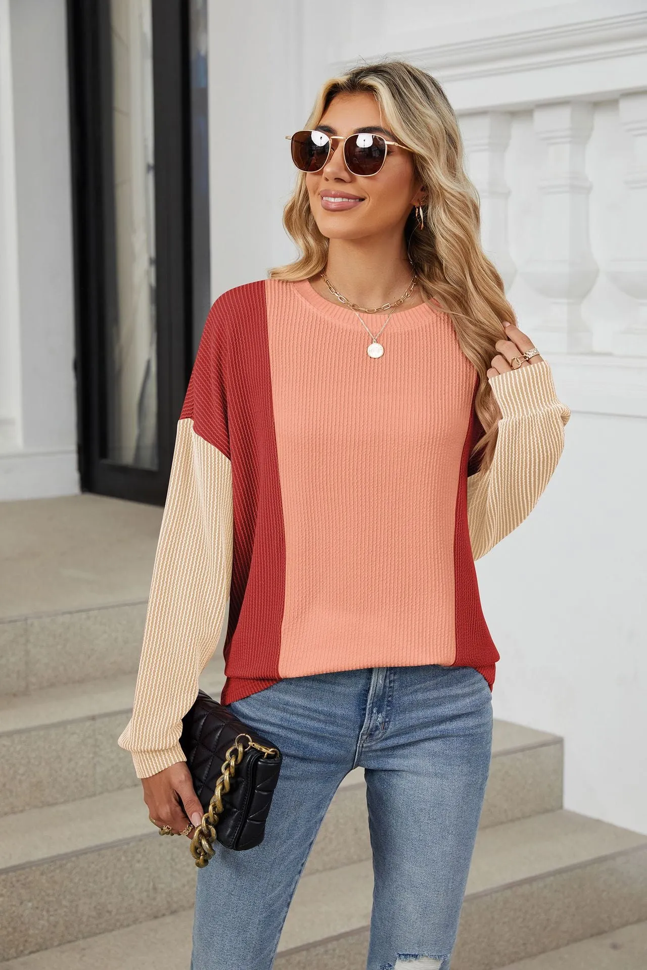 Crew Neck Splicing Loose Sleeve Long Sleeve
