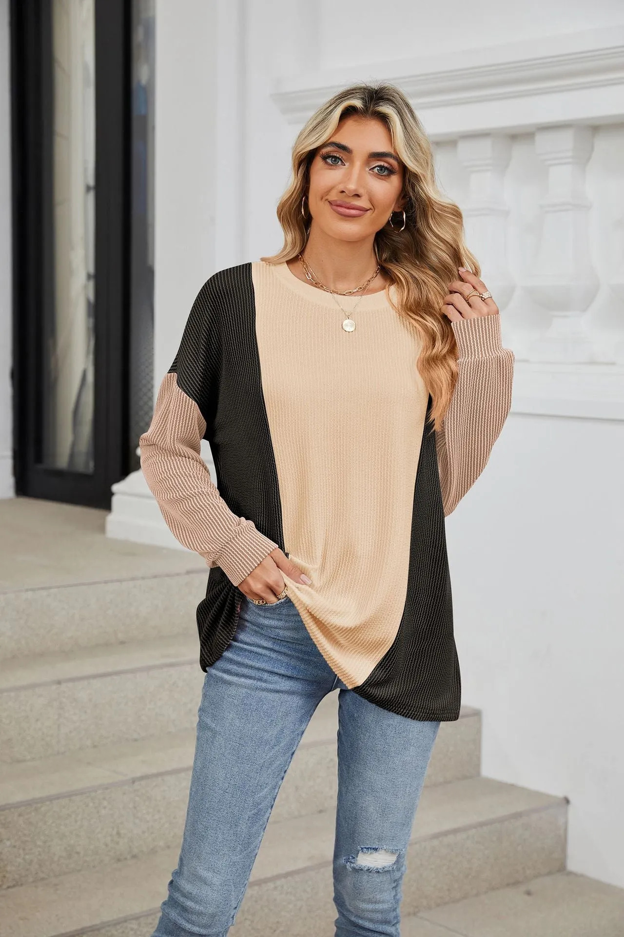 Crew Neck Splicing Loose Sleeve Long Sleeve