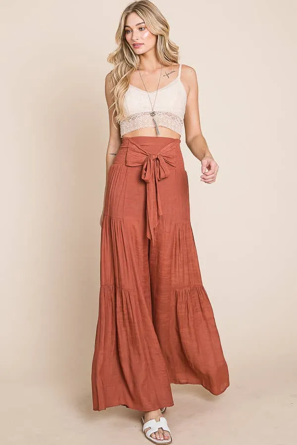 Crinkle Tie Front Smocked Waist  Wide Leg Pants