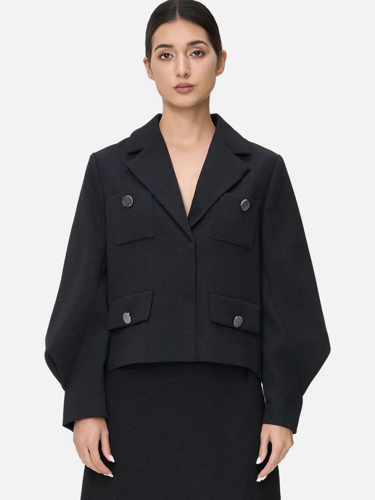 Cropped Lapel Collar Lantern Sleeve Jacket