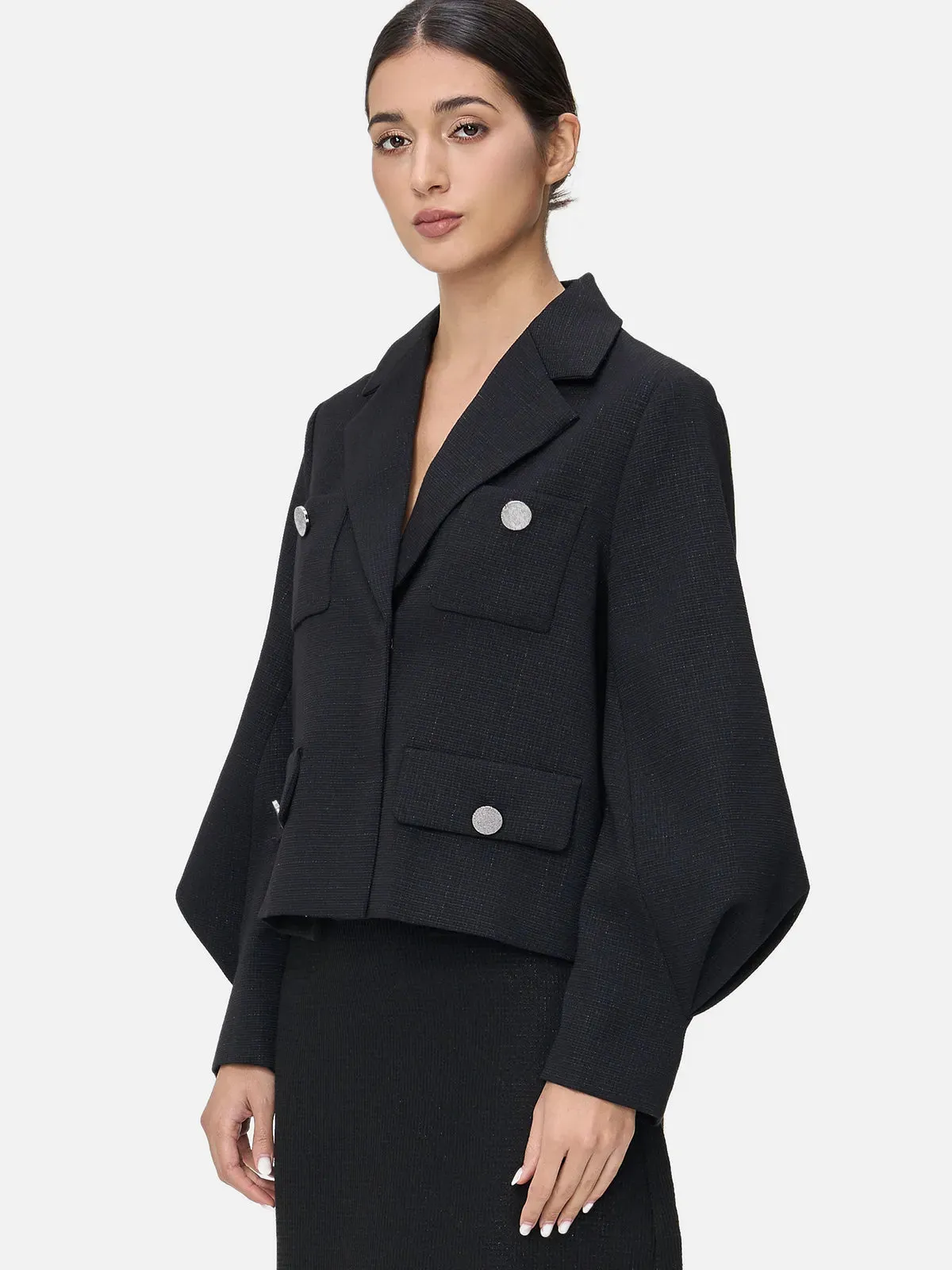 Cropped Lapel Collar Lantern Sleeve Jacket