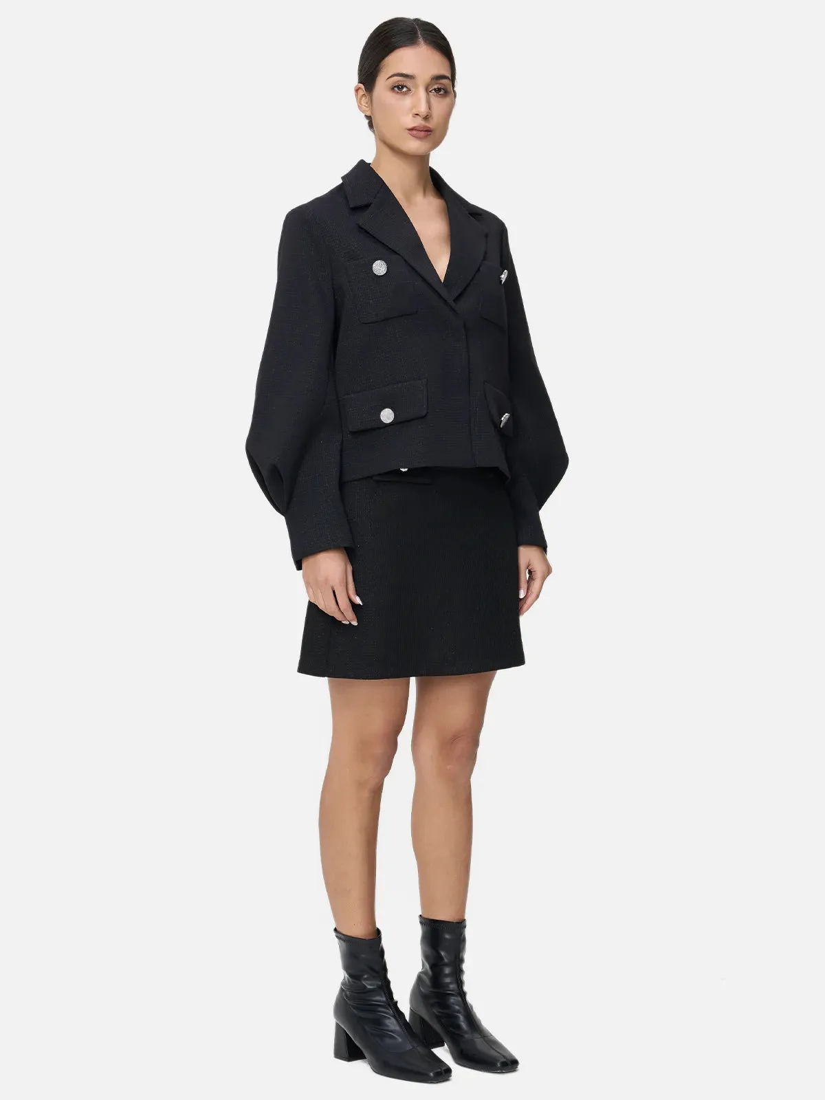 Cropped Lapel Collar Lantern Sleeve Jacket