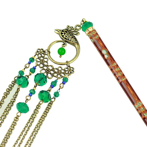 Crystalmood Shell Decorated Lacquered Ironwood Hairstick w/ Crystal & Phoenix Tassels