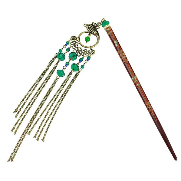 Crystalmood Shell Decorated Lacquered Ironwood Hairstick w/ Crystal & Phoenix Tassels